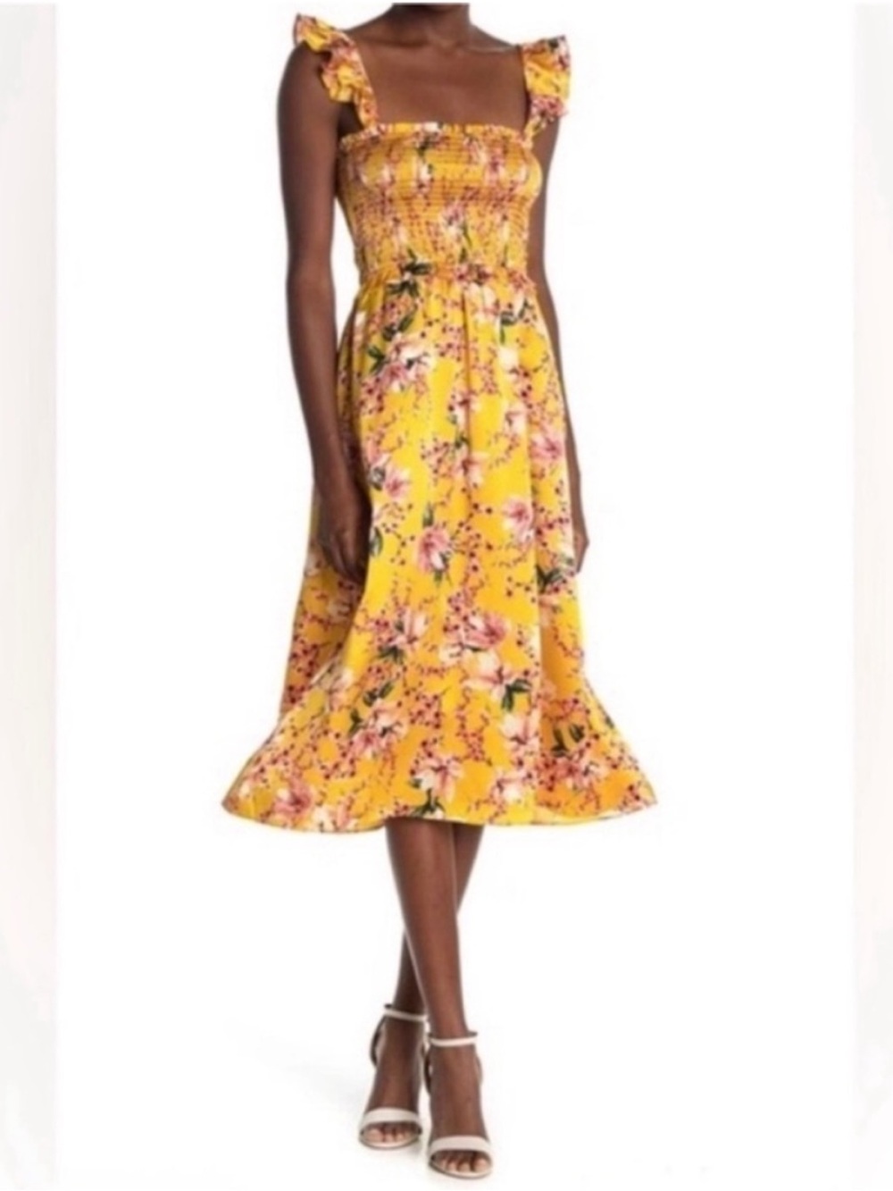 Cami NYC Katelyn Silk Yellow Floral Smocked Midi Dress with Ruffle Straps Sz XL